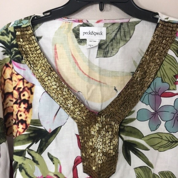 Peck & Peck Linen Floral Poncho Top Copper Beaded Neckline Kimono Sleeves large - Picture 4 of 10